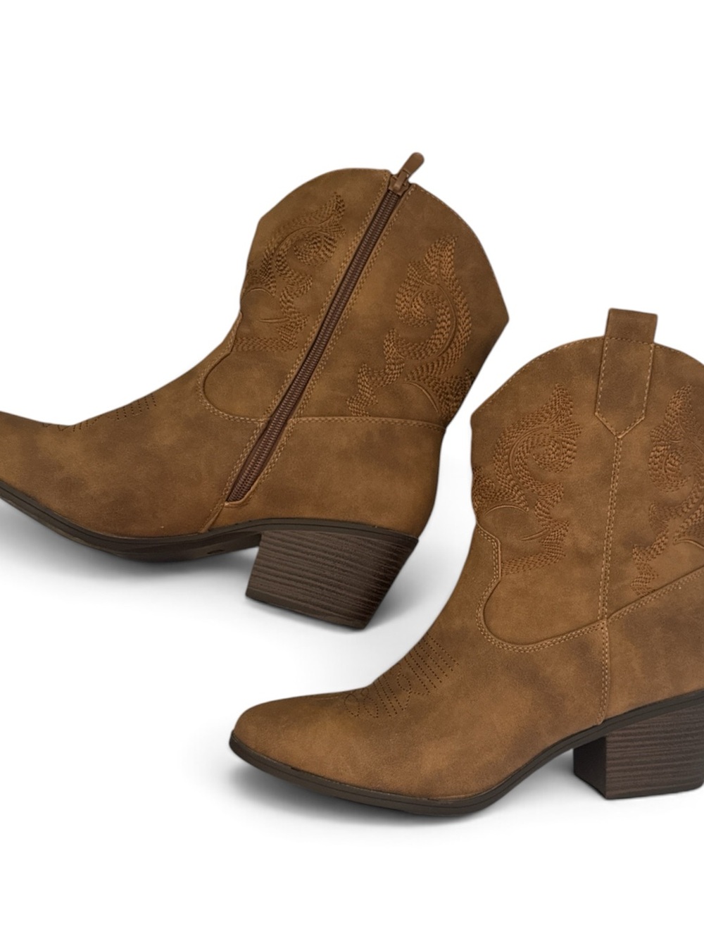Global Win Tan Western Ankle Boots with Embroidered Detail